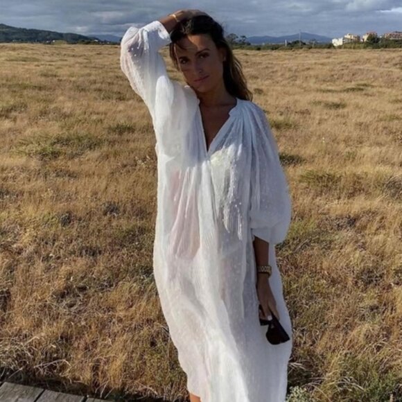 ZARA MIDI DOTTED BUTTON DOWN ROMANTIC KAFTAN DRESS SHEER BALLOON SLEEVES WHITE M - Picture 2 of 11